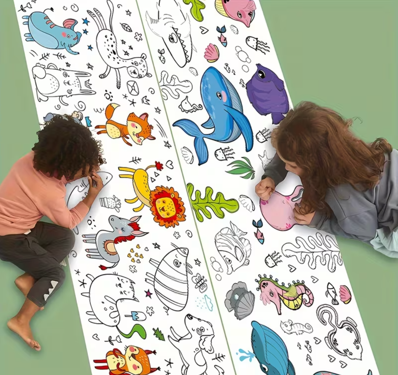 Two children colouring a giant animal-themed colouring roll on the floor
