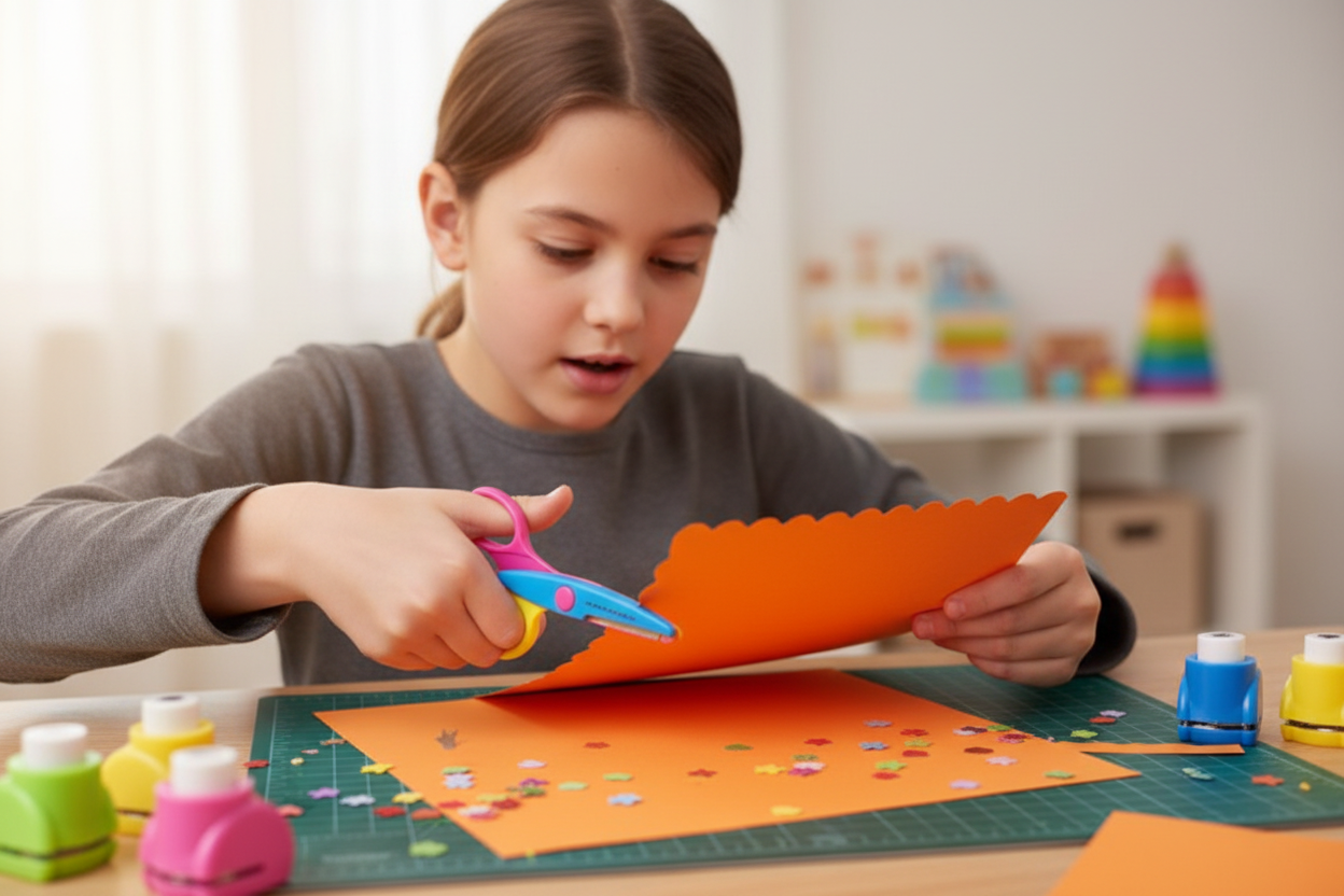 Child cutting along the edge of paper with decorative scissors
