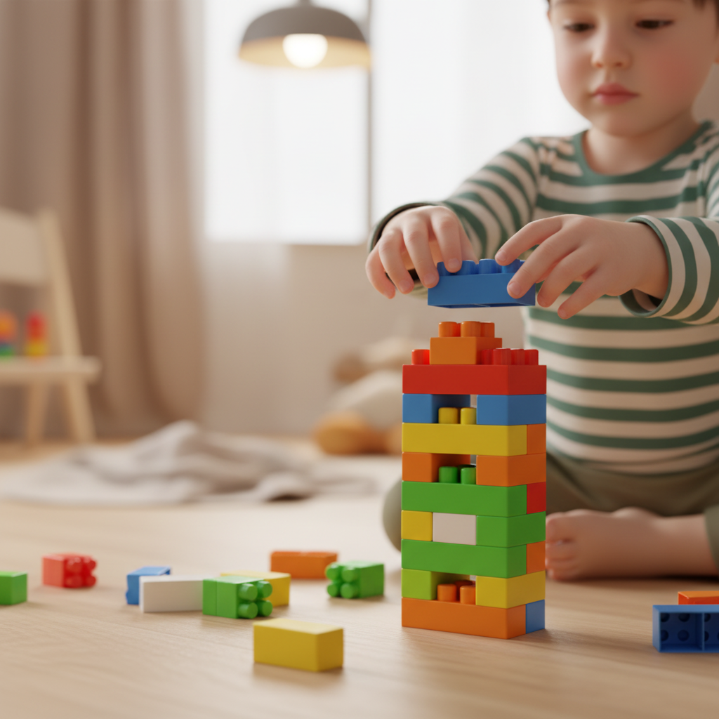 Hands stacking blocks